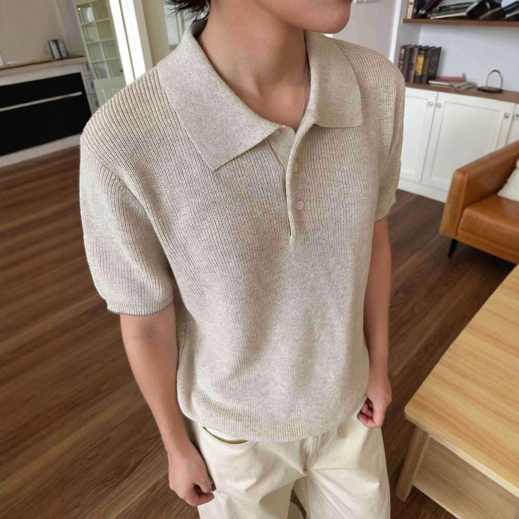EME男装 新贵高奢夏季针织棉麻花纱老钱松弛透气polo短袖针织衫图片