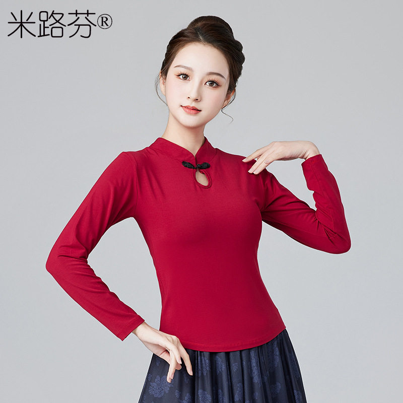 广场舞民族风古典舞长袖修身盘扣上衣女表演服春秋跳舞上衣T恤女