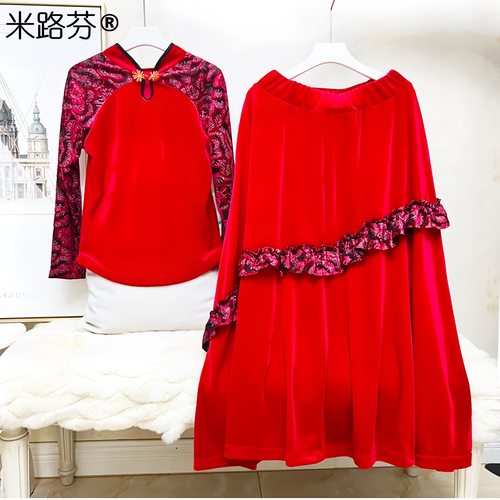 中老年秋冬广场舞演出服套装长袖金丝绒大摆裙古典民族风跳舞套装