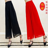 夏雪纺女跳舞松紧腰高腰民族古典舞日常穿裙裤 新款 百搭双层阔腿裤