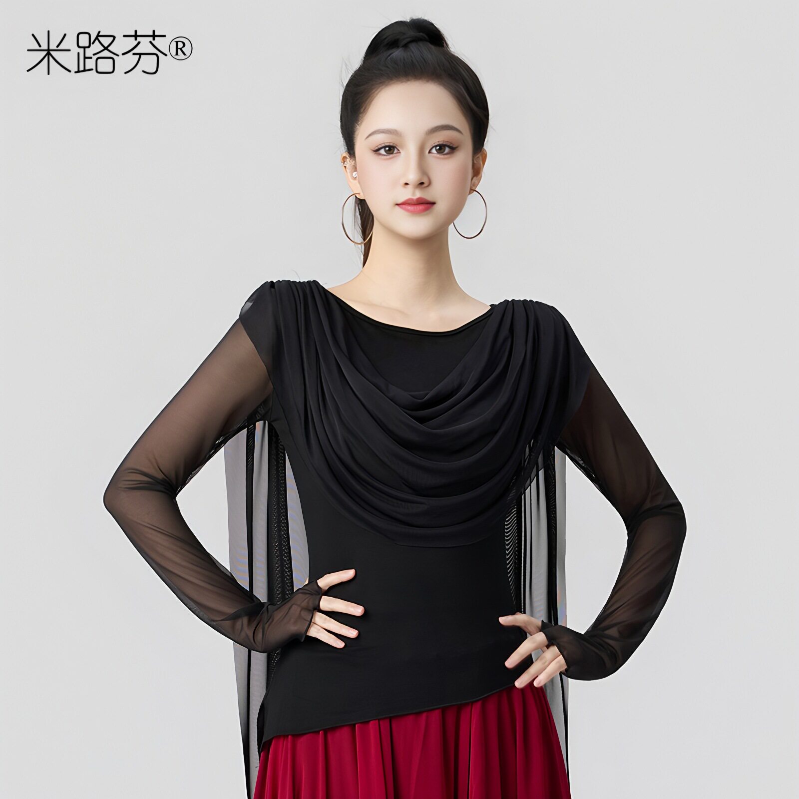 新款古典舞飘纱形体身韵现代舞练功服女长袖上衣摩登气质黑色上衣