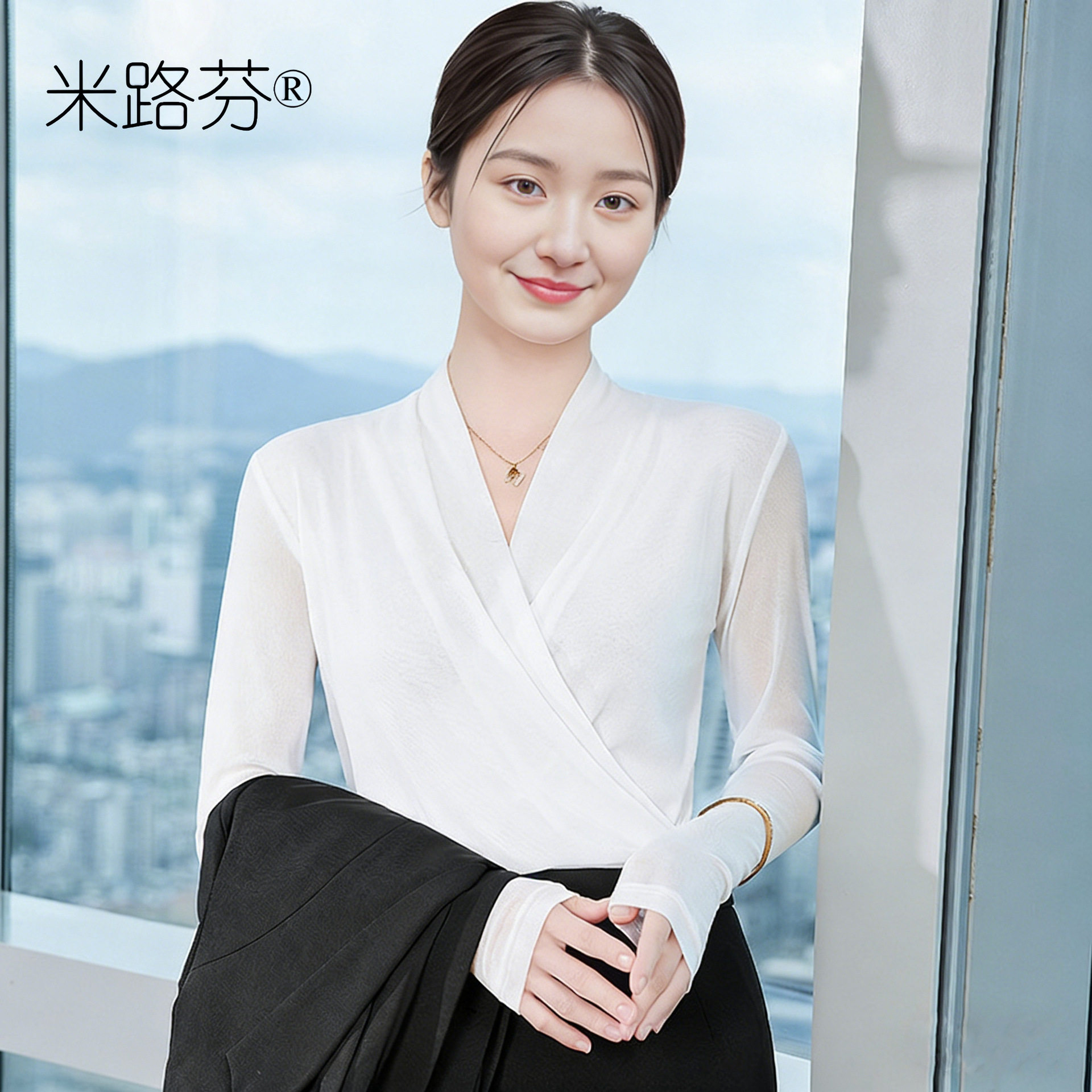 春秋设计感百搭修身显瘦T恤夏季外穿气质纯色V领网纱长袖打底衫女