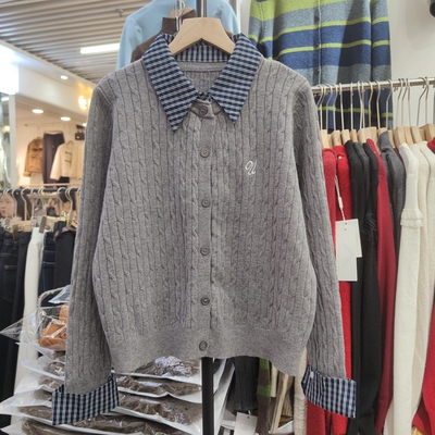 9912女翻领长袖针织衫毛衣开衫外套宽松假两件麻花上衣春季新款