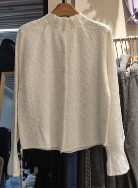 77729春季新款女立领长袖针织衫毛衣开衫外套上衣蕾丝提花打底衫