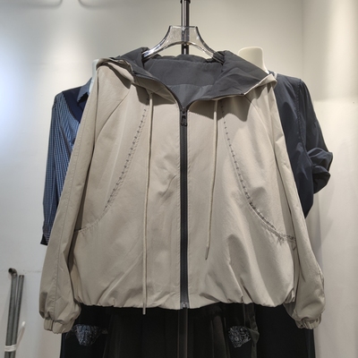 7372秋季新款连帽短外套女高级感时尚小个子长袖撞色风衣带内衬