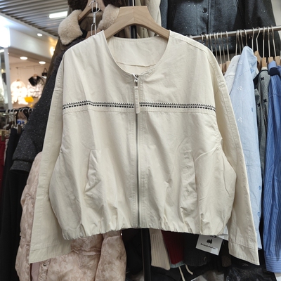 QXS5223春季女圆领长袖外套带内衬纯色简约上衣宽松休闲小个子