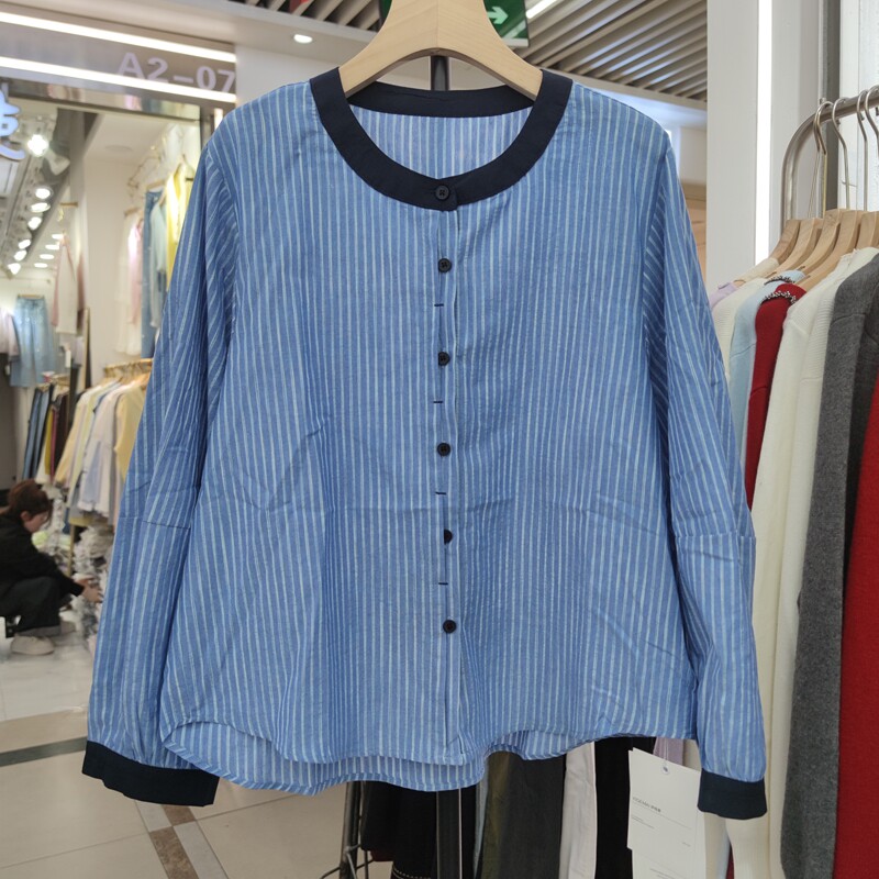 616春季新款女装休闲长袖衬衫条纹拼色圆领单排扣上衣娃娃衫