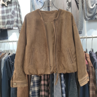 絮图9956时尚高级感2025秋季新款宽松休闲鹿皮绒下摆抽褶显瘦外套
