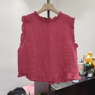 669616高级小众花边拼接亚麻棉麻衬衫夏季新款荷叶边背心上衣百搭