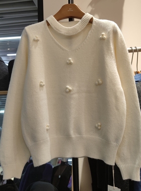 28221秋冬女圆领长袖针织衫毛衣套头打底衫球球宽松胸前挖洞挂脖
