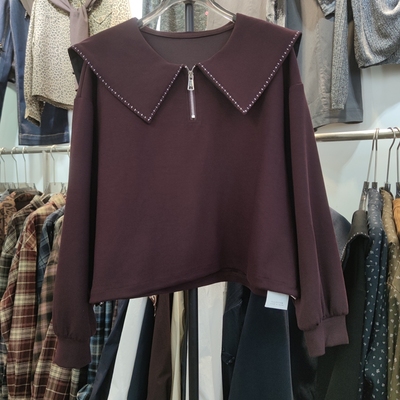 絮图9935休闲设计感简约翻领长袖卫衣女秋季宽松显瘦上衣