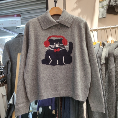 360225秋冬女翻领长袖针织衫毛衣套头打底衫卡通小猫宽松专柜品质