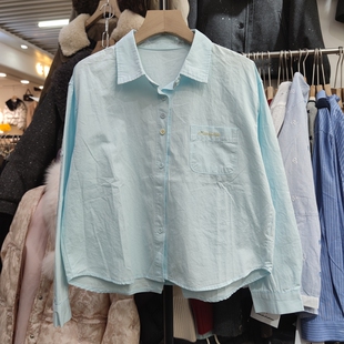 905春季女翻领长袖衬衫纯色简约休闲衬衣上衣口袋刺绣白色纽扣