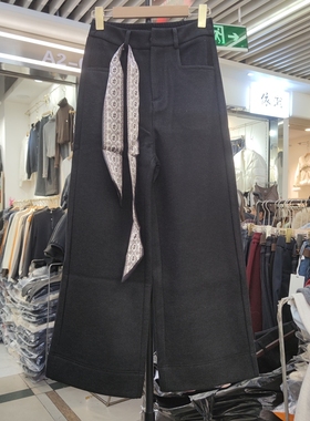 6259中腰阔腿直筒加绒加厚一体绒羊绒裤长裤丝巾腰带秋冬女装