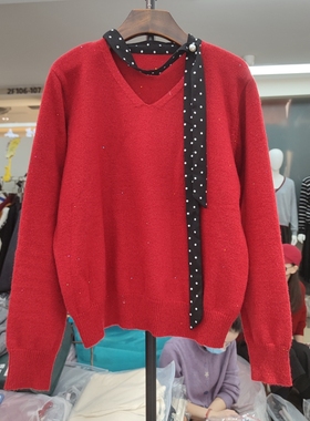 28259早春新款女圆领长袖针织衫毛衣套头打底衫宽松波点吊带挂脖