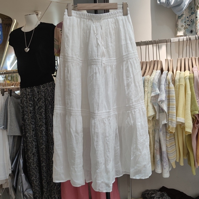 缇素5265夏季新款女装松紧腰半身裙苎麻棉麻中长款A字裙蕾丝边