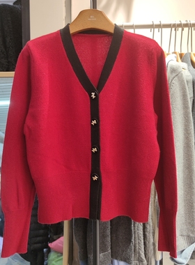 65261新款女V领长袖针织衫毛衣开衫外套上衣早春拼色简约百搭