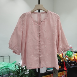 衬衫 圆领短袖 女宽松显瘦刺绣上衣女休闲苎麻棉麻 女装 纯一9853新款