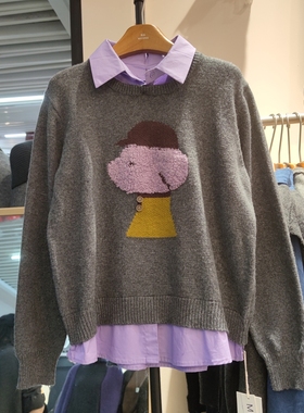 65182秋冬新款女翻领长袖针织衫毛衣套头假两件宽松专柜品质