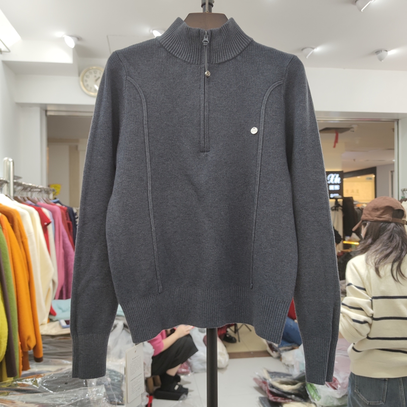 9527秋冬一体绒加厚保暖毛衣女半开领拉链针织打底衫内搭上衣