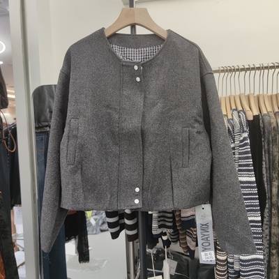 2675休闲设计感简约圆领长袖短外套女秋季显瘦毛呢外套宽松短款