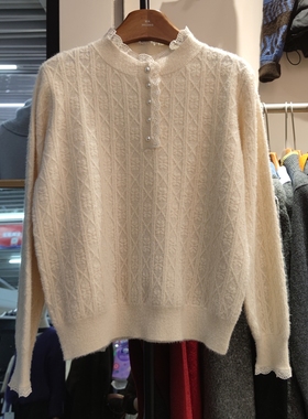 85163秋冬女半高领长袖针织衫毛衣蕾丝花边领打底衫磨毛棉短貂绒