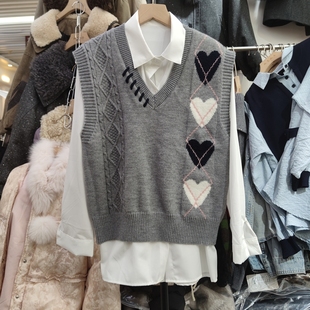 5197春季女翻领长袖天丝棉衬衫无袖爱心针织背心两件套装专柜品质