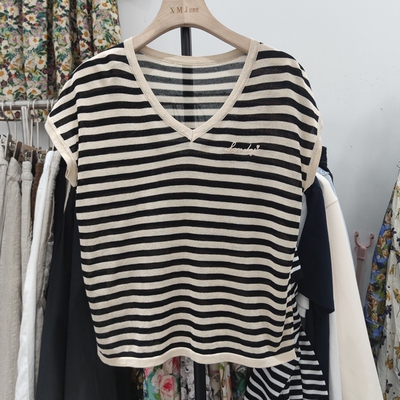 8046薄款宽松撞色条纹v领针织衫夏休闲百搭洋气套头短袖T恤女上衣