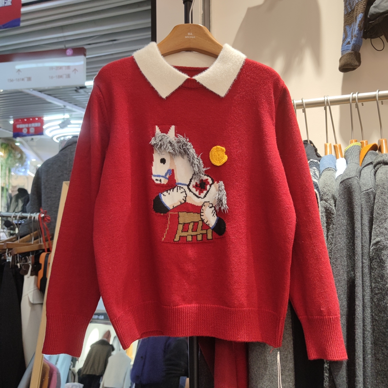 55510秋冬新款女娃娃领长袖针织衫毛衣小马提花打底衫假两件