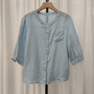 女宽松显瘦上衣女休闲棉麻苎麻 衬衫 奥可儿2628夏女装 圆领七分袖