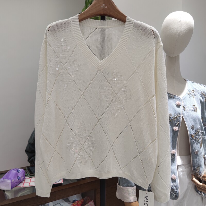 8525春季新款韩系V领宽松百搭糖果色亮片镂空针织衫女装