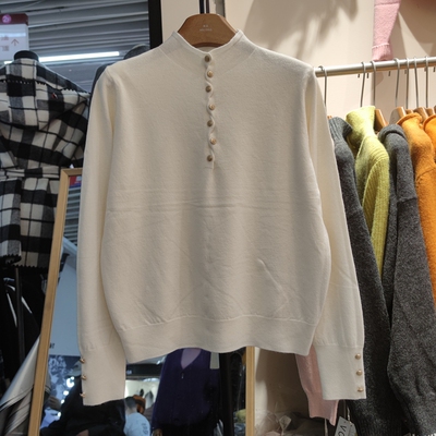 37178休闲设计感半高领长袖针织衫女秋冬宽松纯色毛衣打底衫纽扣