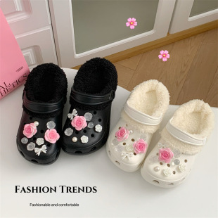 女eva加绒保暖防水外穿毛毛情侣包头棉拖鞋 冬季 厚底可拆洗洞洞鞋