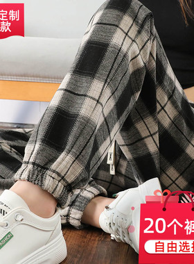 毛呢黑格子运动裤女高个子加长束脚裤秋冬加厚休闲裤超长哈伦裤