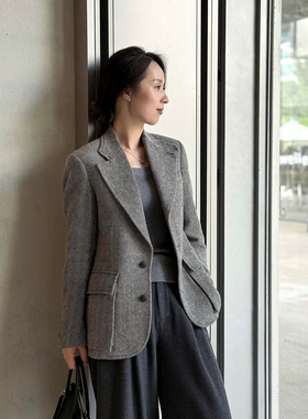 ALIN爱尔兰magee1866羊毛 老钱RL紫标系列黑白人字纹猎户领呢外套