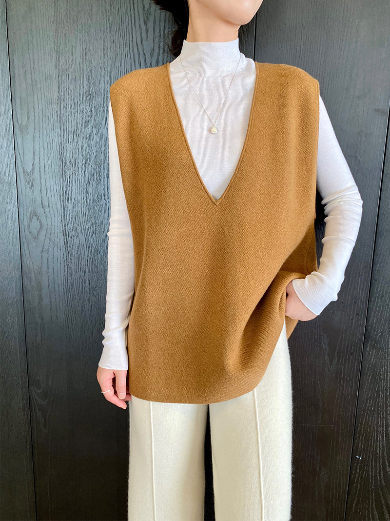 alinn h家80年代经典再现100%康赛妮山羊绒加厚四平针v领背心毛衣