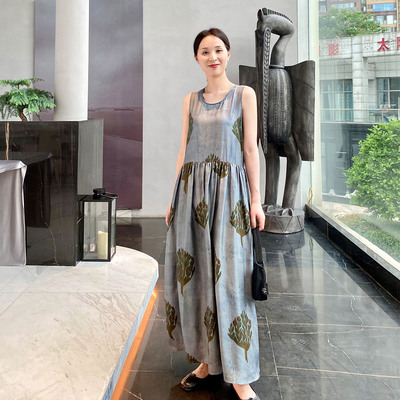 ALIN宝藏艺术家 植物脏染佛手花松果斜纹绸100%桑蚕丝背心连衣裙