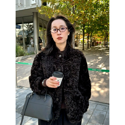 ALIN意式LP同皮料商 0压感小湖羊皮毛一体spagna小立领皮草外套