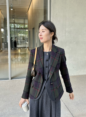 ALIN老钱紫标系列 英国产RL客供梭织羊绒毛料格纹戗驳领西装外套