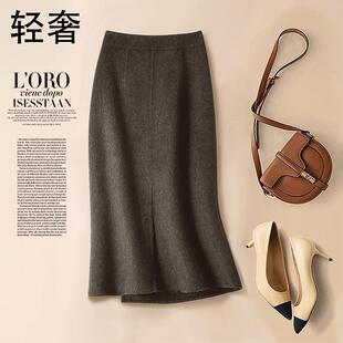 双面呢半身裙女秋冬季2024新款高腰中长款设计感包臀半裙羊毛裙子