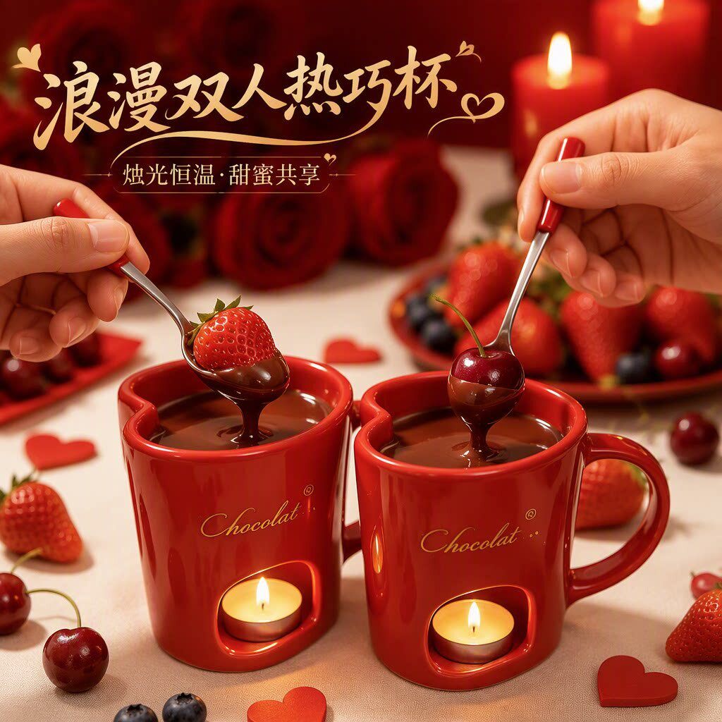 浪漫双人火锅杯热巧克力杯陶瓷杯心形烛光恒温情侣杯情人节对杯