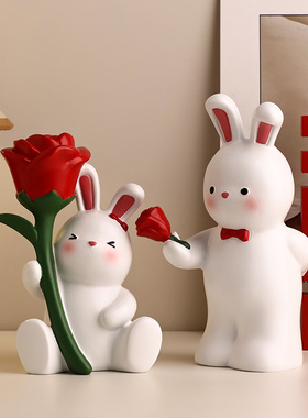 热销贝汉美中式玫瑰情侣兔摆件送朋友闺蜜新婚订婚家居床头柜装饰