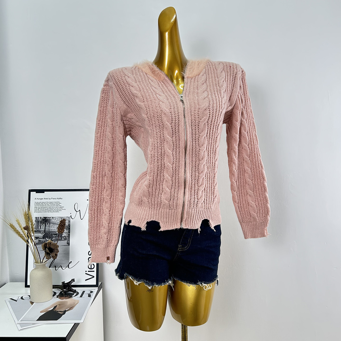 韩国东大门ins气质显瘦破洞针织开衫女修身拉链连帽厚款上衣外套