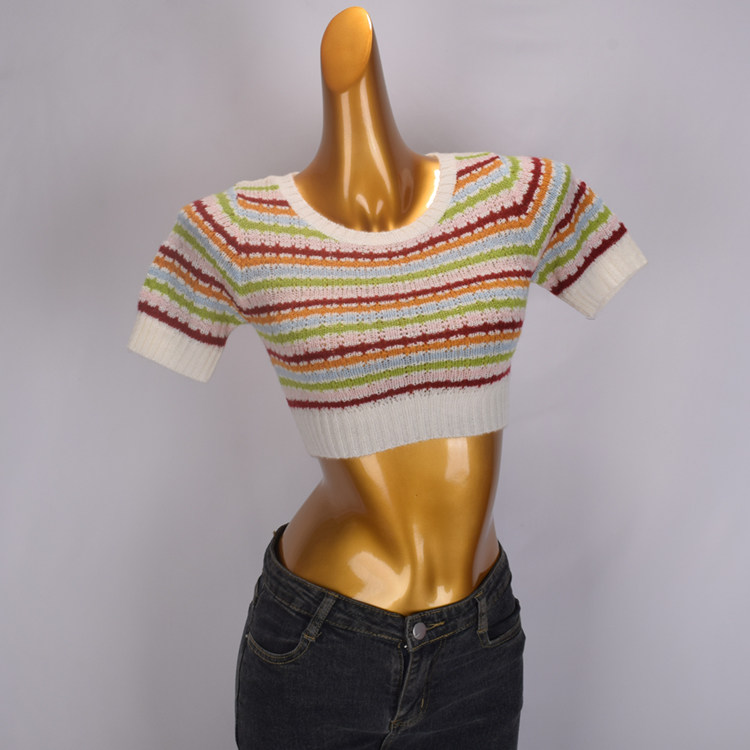 条纹短袖针织衫女春季新款设计感小个子洋气修身套头短款打底上衣