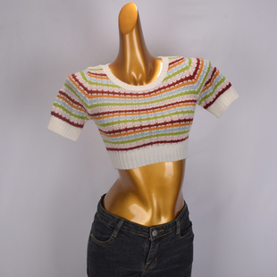 条纹短袖针织衫女春季新款设计感小个子洋气修身套头短款打底上衣
