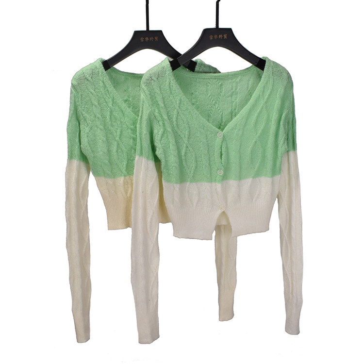 秋冬新款韩版慵懒风针织开衫加厚毛衣女 长袖短款麻花拼色v领外套