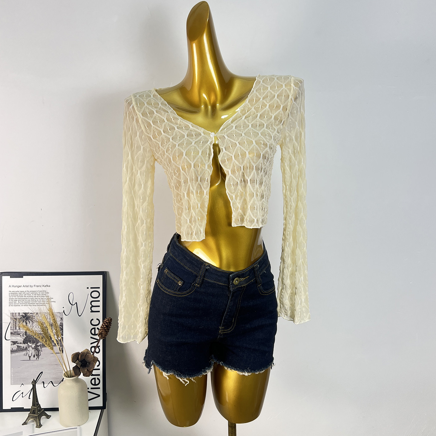 镂空V领喇叭长袖针织开衫女夏季薄款修身防晒罩衫蕾丝披肩上衣