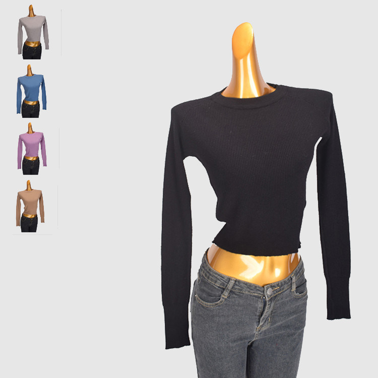 法式长袖套头针织打底衫女装秋冬新款洋气修身弹力内搭超短款上衣