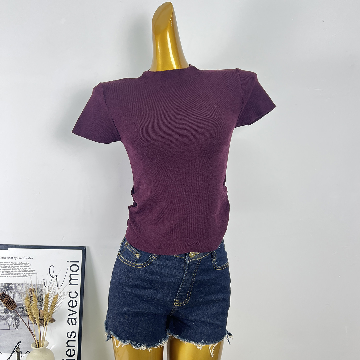 半高领短袖软糯针织衫女夏季新款修身显瘦褶皱弹力纯色打底衫上衣