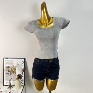 法式钉钻U领短袖针织衫女夏修新款身显瘦百搭气质纯色短款上衣